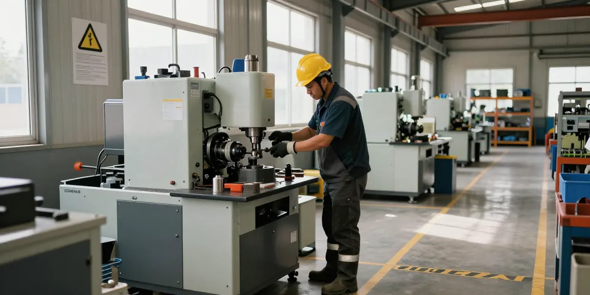 Worker in upower safety boots operating machinery in a secure industrial environment