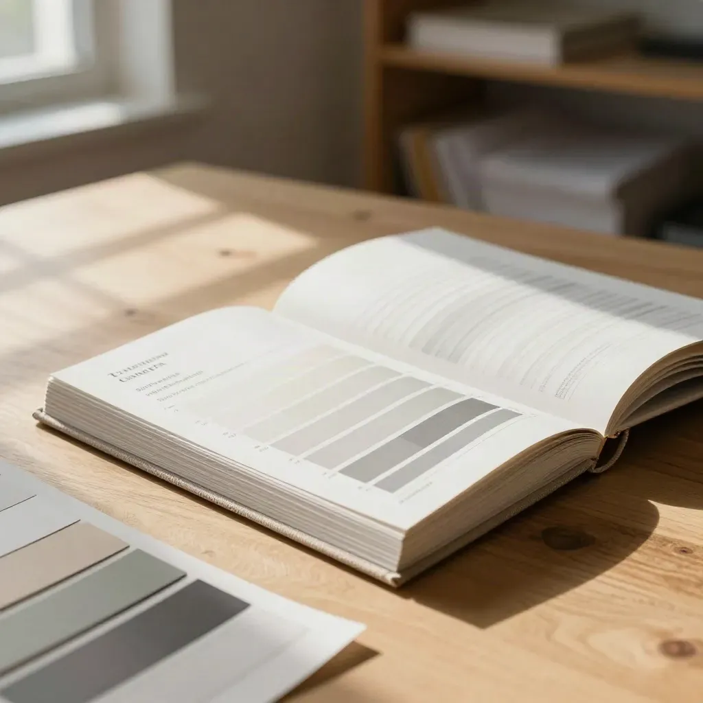 Opened brand guidelines manual with tabs, swatches, and spacing chips on a studio table.