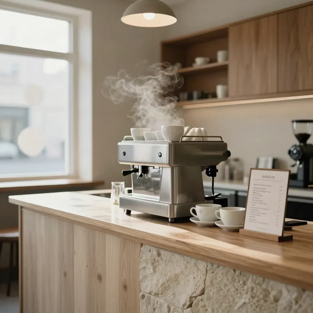 Coffee shop counter rebrand with grinder, cups, window decals, and warm steam-lit morning haze.
