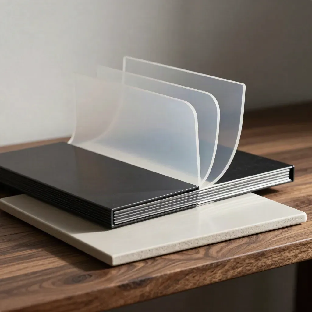 Black swatch case, acetate sheets and ceramic tile on a walnut workbench in dramatic studio light.