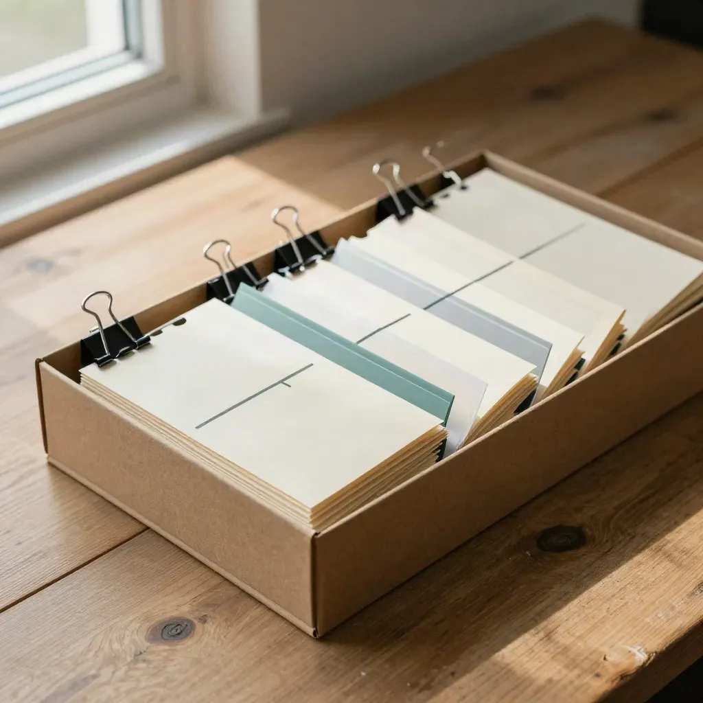 Archive box, binder clips and divided file tray arranged as a project timeline on oak.