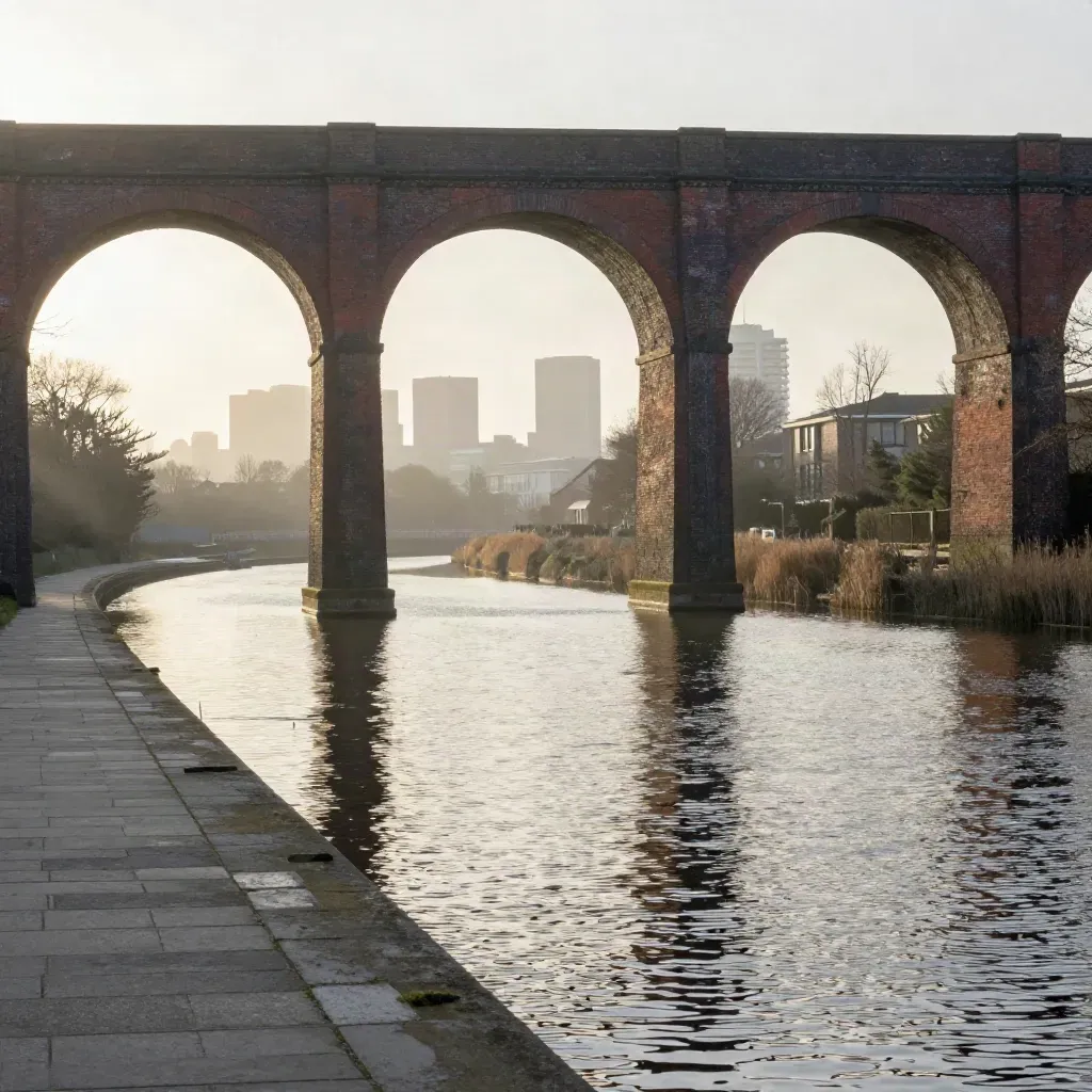 Sunlit Birmingham canal beneath a redbrick viaduct and hazy skyline at dusk.