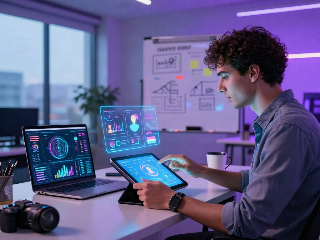 Interactive AI technology scene highlighting 18+ ai applications in a modern workspace.